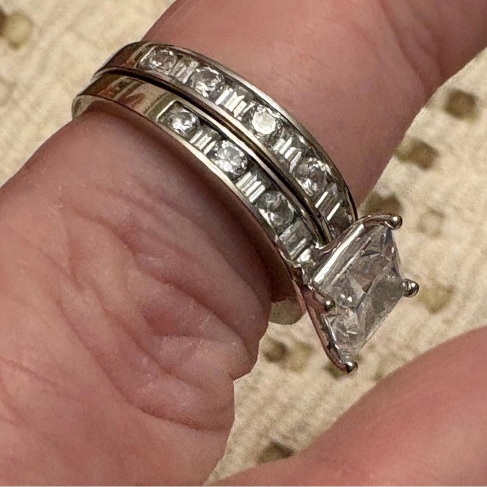 14K White Gold Diamonique Engagement Ring/Wedding Band - Picture 8 of 12